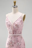 Pink Corset Bodycon Spaghetti Straps Floral Homecoming Dress