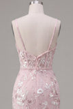 Pink Corset Bodycon Spaghetti Straps Floral Homecoming Dress