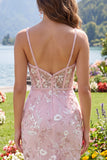 Pink Corset Bodycon Spaghetti Straps Floral Homecoming Dress