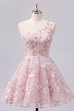 One Shoulder Pink Corset A-Line Floral Homecoming Dress