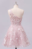One Shoulder Pink Corset A-Line Floral Homecoming Dress