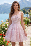 One Shoulder Pink Corset A-Line Floral Homecoming Dress