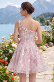One Shoulder Pink Corset A-Line Floral Homecoming Dress