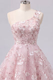 One Shoulder Pink Corset A-Line Floral Homecoming Dress