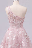 One Shoulder Pink Corset A-Line Floral Homecoming Dress