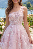 One Shoulder Pink Corset A-Line Floral Homecoming Dress