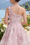 One Shoulder Pink Corset A-Line Floral Homecoming Dress