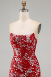 Sparkly Red Tight Short Beaded Ruched Floral Strapless Homecoming Dress