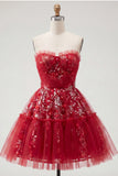 Sparkly Red A Line Short Beaded Ruched Floral Homecoming Dress with Ruffles