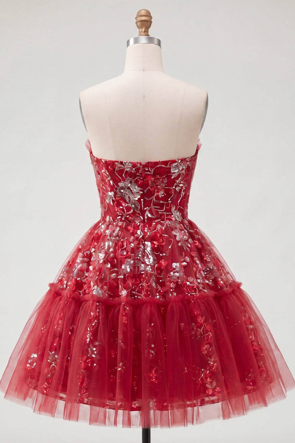 Zapaka Women Sparkly Red Short Floral Homecoming Dress with Ruffles Strapless A Line Ruched Beaded Tulle Cocktail Dress, Red / US22W