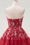 Sparkly Red A Line Short Beaded Ruched Floral Homecoming Dress with Ruffles