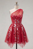 Sparkly Red Floral A Line Short Corset Beaded Homecoming Dress with Ruffles