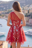 Sparkly Red Floral A Line Short Corset Beaded Homecoming Dress with Ruffles