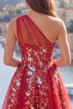 Sparkly Red Floral A Line Short Corset Beaded Homecoming Dress with Ruffles