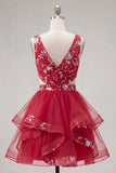 Red Ruched Floral Cut Out A Line Short Homecoming Dress with Ruffles