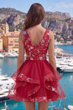 Red Ruched Floral Cut Out A Line Short Homecoming Dress with Ruffles