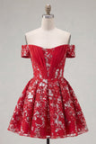 Sparkly Red Floral A Line Short Corset Homecoming Dress with Beading