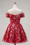 Sparkly Red Floral A Line Short Corset Homecoming Dress with Beading