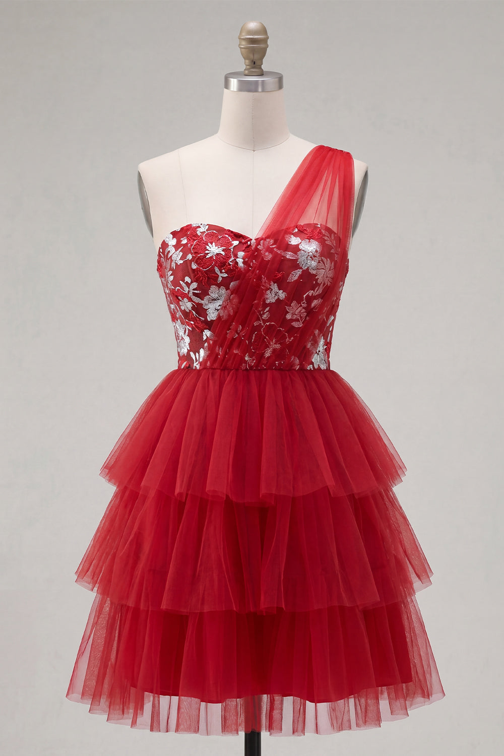 Floral Red One Shoulder A Line Short Homecoming Dress with Ruffles