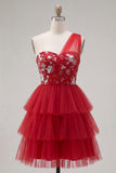 Floral Red One Shoulder A Line Short Homecoming Dress with Ruffles
