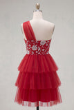 Floral Red One Shoulder A Line Short Homecoming Dress with Ruffles