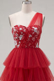 Floral Red One Shoulder A Line Short Homecoming Dress with Ruffles