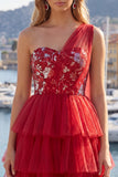 Floral Red One Shoulder A Line Short Homecoming Dress with Ruffles