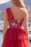 Floral Red One Shoulder A Line Short Homecoming Dress with Ruffles
