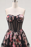 Black Pink Flower A Line Strapless Corset Short Homecoming Dress