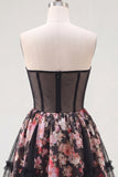 Black Pink Flower A Line Strapless Corset Short Homecoming Dress