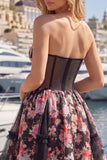 Black Pink Flower A Line Strapless Corset Short Homecoming Dress