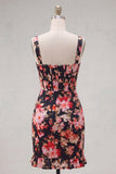 Black Pink Flower Tight Short Thick Straps Corset Homecoming Dress with Ruffles