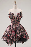 Black Pink Flower A Line V-Neck Ruched Short Homecoming Dress with Bows