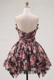 Black Pink Flower A Line V-Neck Ruched Short Homecoming Dress with Bows