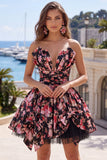 Black Pink Flower A Line V-Neck Ruched Short Homecoming Dress with Bows