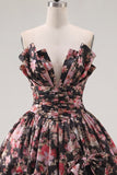 Black Pink Flower A Line V-Neck Ruched Short Homecoming Dress with Bows