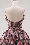 Black Pink Flower A Line V-Neck Ruched Short Homecoming Dress with Bows
