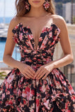 Black Pink Flower A Line V-Neck Ruched Short Homecoming Dress with Bows