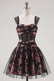 Black Pink Floral A Line Ruched Short Corset Homecoming Dress