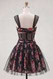 Black Pink Floral A Line Ruched Short Corset Homecoming Dress