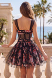 Black Pink Floral A Line Ruched Short Corset Homecoming Dress