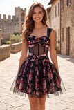 Black Pink Floral A Line Ruched Short Corset Homecoming Dress