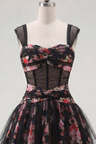 Black Pink Floral A Line Ruched Short Corset Homecoming Dress