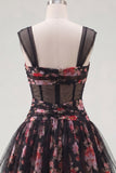 Black Pink Floral A Line Ruched Short Corset Homecoming Dress