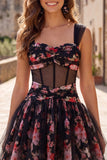 Black Pink Floral A Line Ruched Short Corset Homecoming Dress