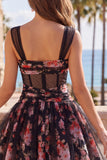 Black Pink Floral A Line Ruched Short Corset Homecoming Dress