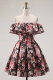 Black Pink Flower A Line Off the Shoulder Short Homecoming Dress