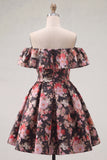 Black Pink Flower A Line Off the Shoulder Short Homecoming Dress