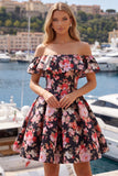 Black Pink Flower A Line Off the Shoulder Short Homecoming Dress