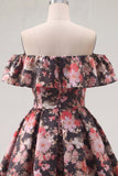 Black Pink Flower A Line Off the Shoulder Short Homecoming Dress